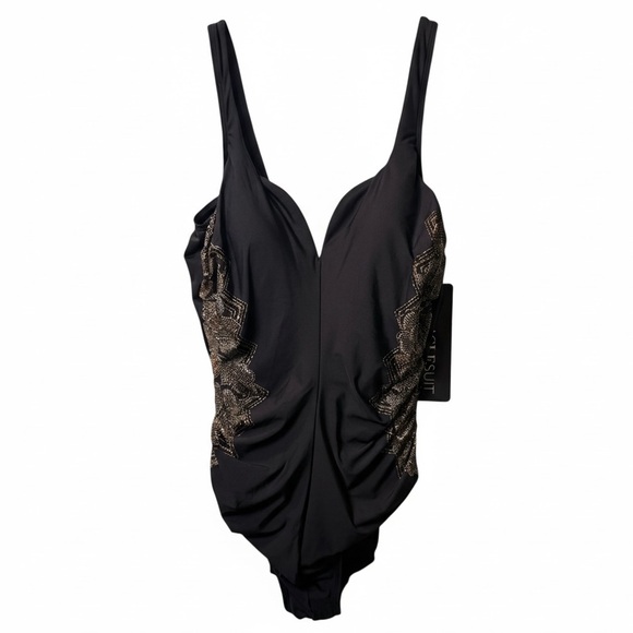 Miraclesuit Temptress One Piece Swimsuit Size 16 NWT Slimming Black Gold - Picture 4 of 8